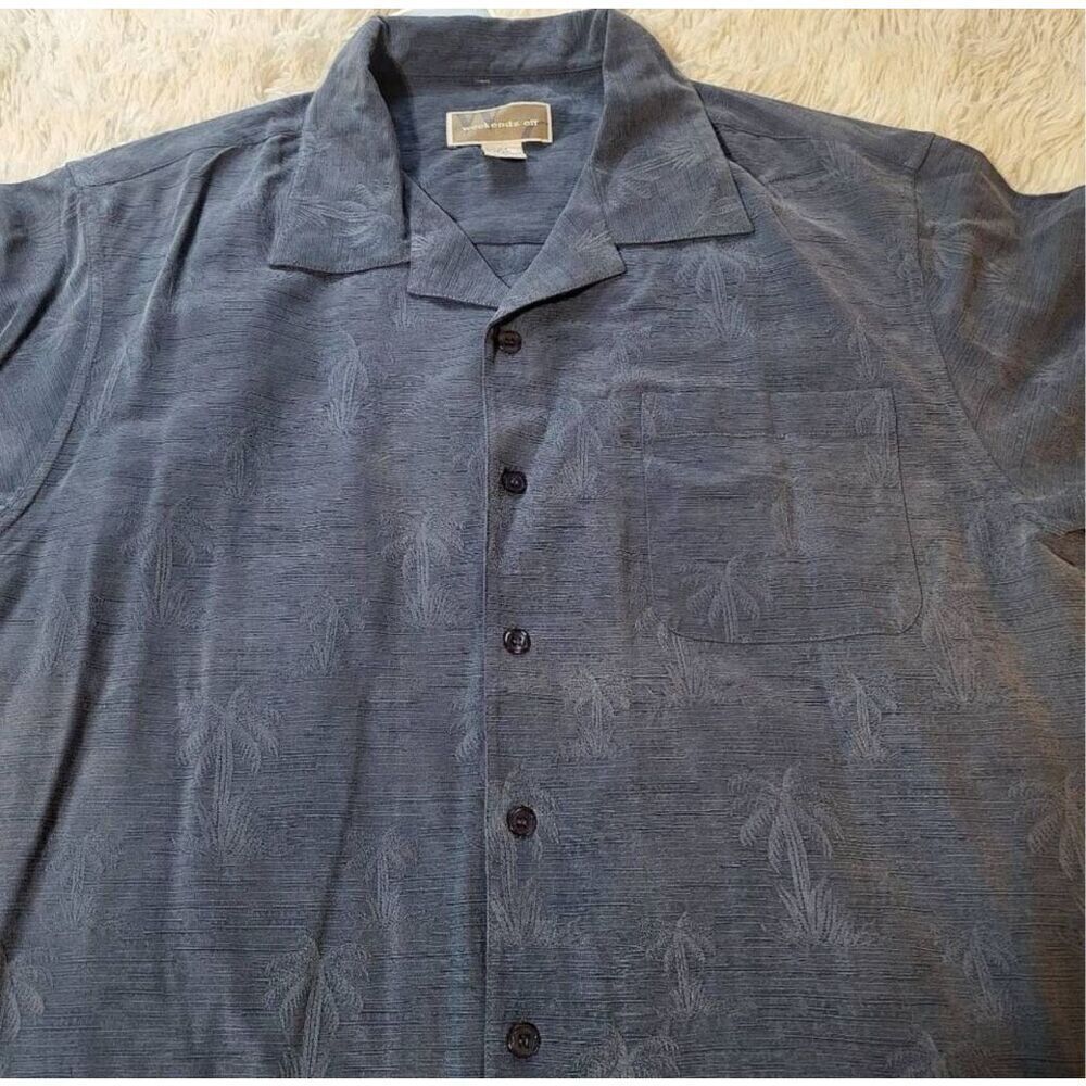 Mens short sleeve button-up Palm tree blue pocket silk shirt L